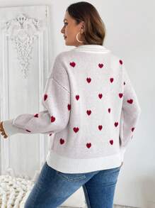 SHEIN LUNE Plus Size Women's Zippered Lapel Heart Jacquard Pullover Sweaterbusiness Casual Woman,Holiday Outfits,Country Tops, For Winter