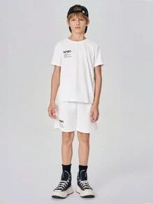 SHEIN Tween Boy Letter Graphic Tee & Drawstring Waist Shorts - White - View 3