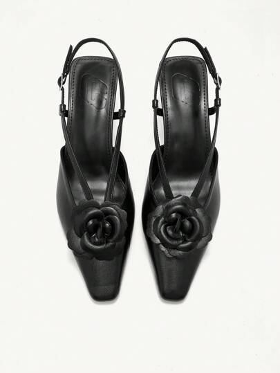 Fashionable Black Floral Decor Square Toe High Heel Casual Slip-On High Heels For Women Valentine's Day