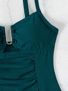 SHEIN Swim Bộ bikini một mảnh ôm sát, dây đeo dày có thể điều chỉnh, hình chữ U, trang trí kim loại, màu xanh lục bảo, dành cho nữ, mùa Xuân/Hè 2026. - Màu xanh ngọc - Xem 9