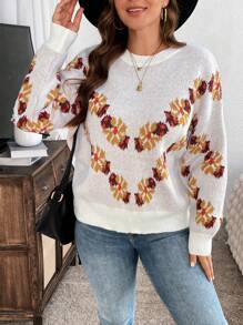 SHEIN LUNE Plus Size Women's Warm Comfortable Casual Western Style Floral Maple Leaf Autumn Pattern Jacquard Round Neck Pullover Autumn Winter Sweaterbusiness Casual Woman,Holiday Outfits,Country Tops
