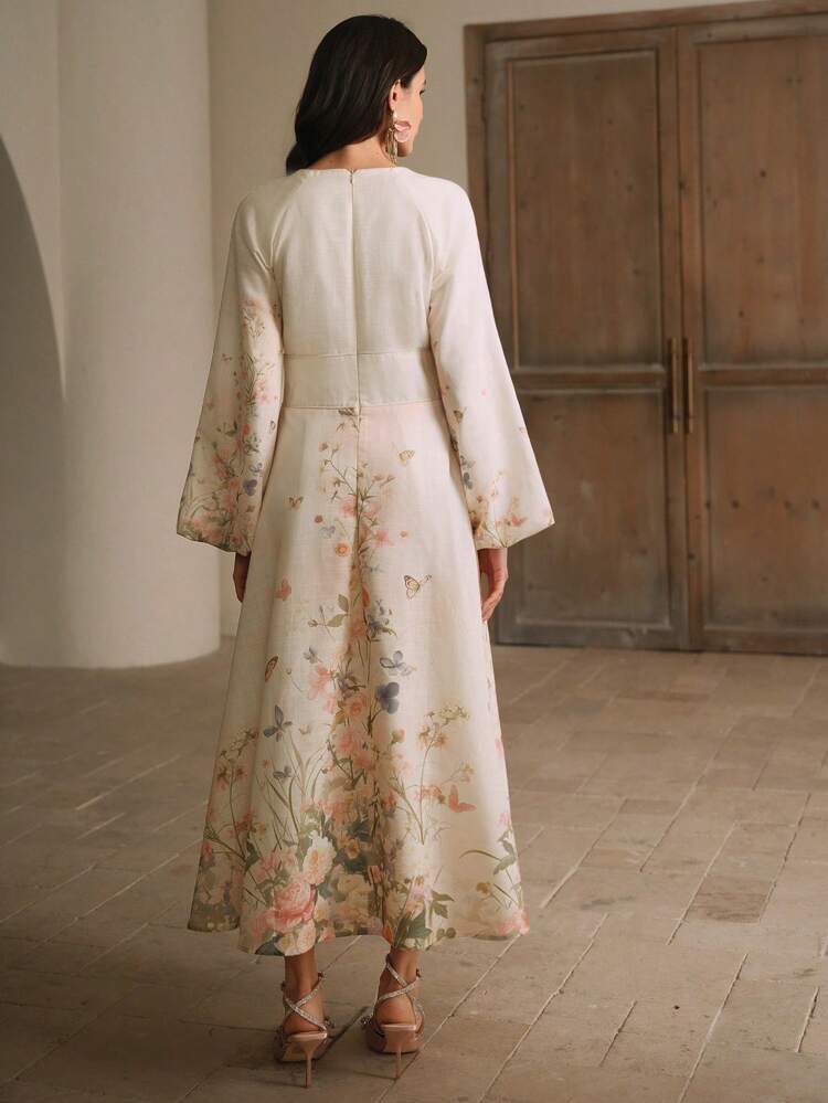 1pc Women's Floral Print Long Sleeve Linen Blend Holiday Dress, Early Autumn