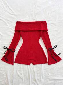 Soleia 休闲露肩喇叭袖系腰连体裤 - 紅色 - 查看 2