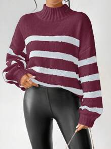 SHEIN Unity Casual Colorblock Striped Dropped Shoulder Knitted Sweater, Autumn/Winter For New Year Fall - Red - View 8
