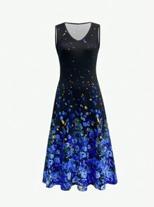 SHEIN Clasi 2 件套休闲日常装，纯色开衫和花卉印花 V 领连衣裙 - 藍色 - 查看 4