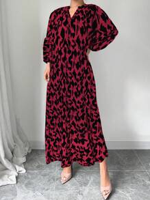 Chiquease Đầm dài thường ngày rộng rãi cổ chữ V họa tiết da báo, trang phục thu đông năm mới cho phụ nữ - Đỏ - Xem 6