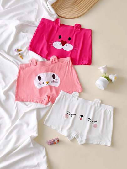 3pcs Set Cute Animal Expression 3D Ear Sweet Style Underwear For Older Girls