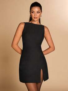 SHEIN BAE 1 Bộ váy bó sát cơ thể màu đen gợi cảm đơn giản hở lưng có xẻ tà cho nữ, thích hợp cho tiệc cocktail, hẹn hò lãng mạn, mặc nhiều lớp mùa thu/đông, tiệc tùng, tụ họp trang trọng, đi chơi đêm, phù dâu cưới, trang phục Halloween/Giáng sinh - màu đen - Xem 5