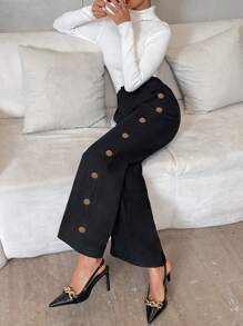 Firerie Women's Casual Everyday Button Decor Slant Pocket Wide Leg Pants, Spring/Autumn - Black - View 6