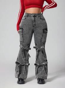 SHEIN ICON Große Größen Destroyed Multi-Taschen Y2K Straßen-Mode Schnür-Schlagjeans - Grau - Übersicht 5