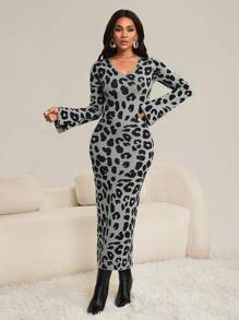 SHEIN Lady Vestido de suéter largo para mujer con estampado de leopardo y mangas partidas, adecuado para primavera y verano en el trabajo