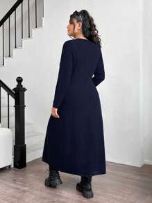 SHEIN EZwear Plus Size Women Long Cardigan With Chic And Stylish Design In Black, Suitable For Autumn/Winter - Navy Blue - View 2