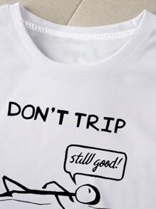 SHEIN EZwear 女士休闲简约卡通口号印花短袖 T 恤图案 T 恤女式上衣 - 白色 - 查看 5