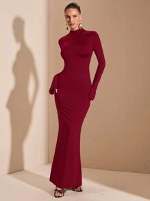 SHEIN BAE 优雅女士长袖超长休闲连衣裙，适合日常约会、外出、夜店派对装，秋季