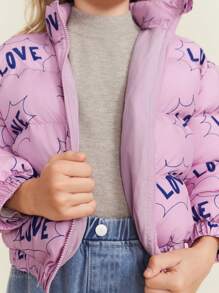 SHEIN Young Girl Purple Casual Letter Print Stand Collar Front Zipper Thick Long Sleeve Loose Padded Coat, Autumn/Winter - Beige - View 7