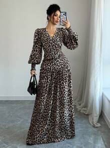 Rafferiza French Leopard Print Woven V-Neck Cross Design Lantern Sleeve Ruffle Drawstring Long Sleeve Autumn/Winter Dress For Women Maxi Women Outfit Fall Cloth For Women - Multicolor - View 1