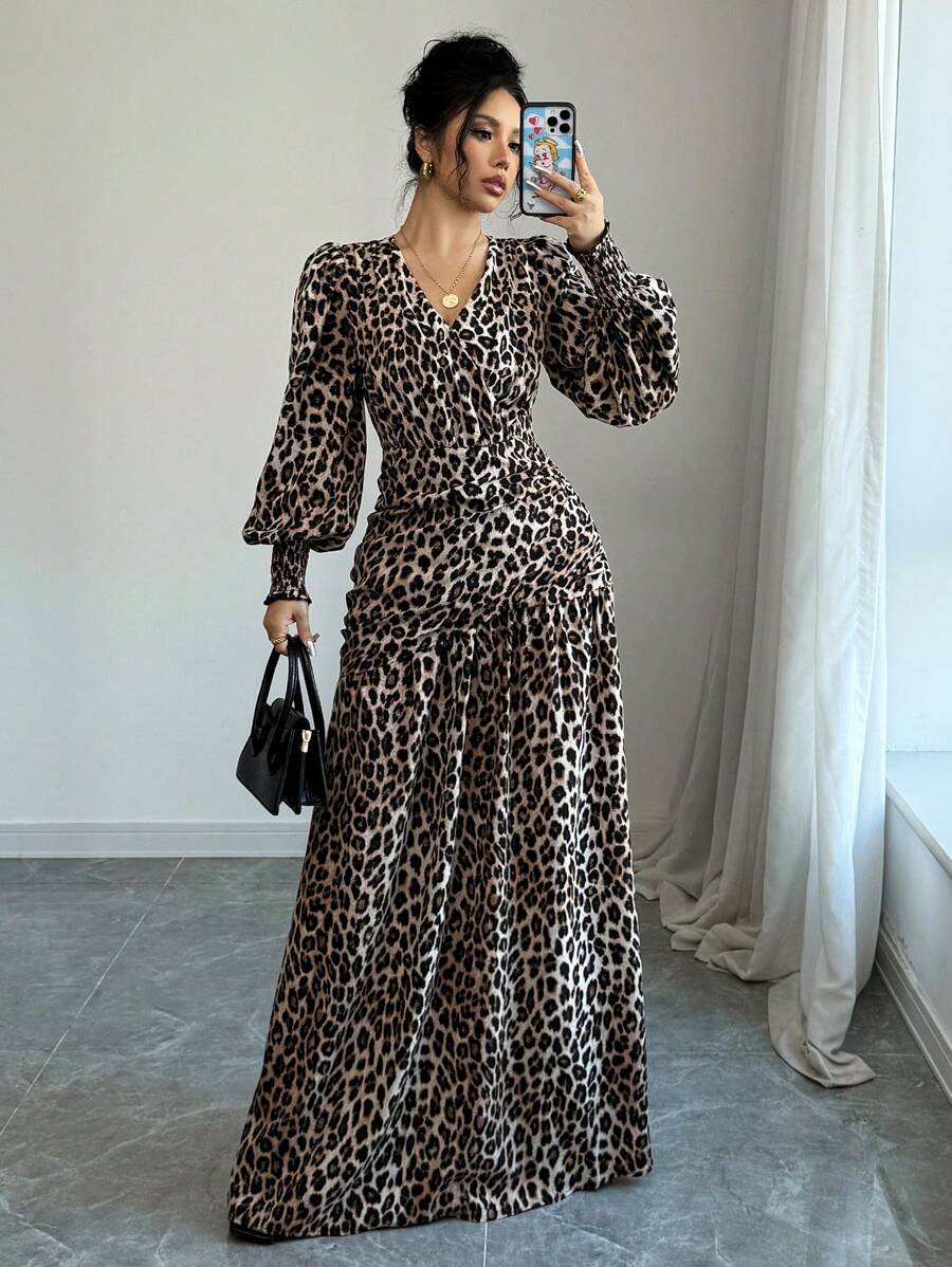 Rafferiza French Leopard Print Woven V-Neck Cross Design Lantern Sleeve Ruffle Drawstring Long Sleeve Autumn/Winter Dress For Women Maxi Women Outfit Fall Cloth For Women - Multicolor - View 1