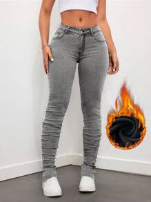 SHEIN ICON Quần jean bó cạp thấp họa tiết rách rưới thường ngày dành cho nữ với lớp lót giữ nhiệt dành cho nữ trong dịp Lễ Tạ ơn và Giáng sinh - Màu Xám nhạt - Xem 5