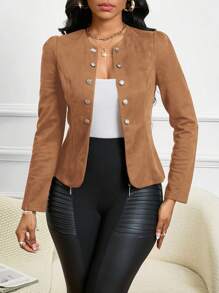 SHEIN Lady Four Season/ Attire/ Suede Black Button Detail Open Front Jacket In Fall/Winter - Rust Brown - View 7
