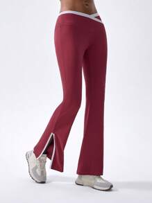 VARSITIE Leggings sport pentru femei, cu margine contrastantă, încrucișată în talie - Roz - Vizualizare 4