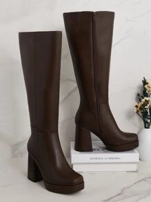 SHUZIA 厚底，方头，粗跟，棕色，软 PU，及膝，全长内拉链