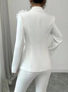 Elenzga Women's Solid Color Lapel Collar Long Sleeve Big Floral Elegant Cinched Waist Blazer - White - View 2