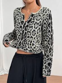 SHEIN Unity 女士豹纹翻领休闲套头毛衣，长袖针织套头衫，秋冬款 - 黑色 - 查看 5