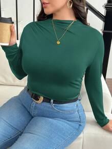 SHEIN Frenchy 大码立领褶皱修身 T 恤 - 墨綠色 - 查看 1