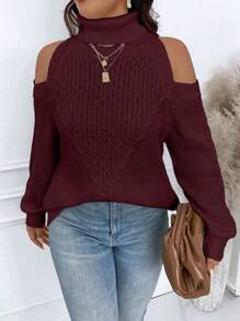 Calvaya Plus Size Casual Solid Color Turtleneck Cold Shoulder Sweater, Autumn/Winter