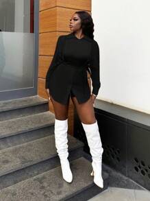 Slaydiva Casual White Loose Long Sleeve Shirt Dress And Black Tie Up Vest Top Set