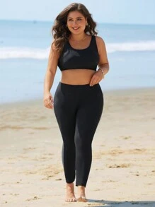 Swim Mulvari Plus Size One-Piece Solid Color Tankini Swimwear Summer - Black - View 3