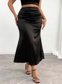 SHEIN CURVE+ Chân váy Maxi dài màu trơn đơn giản cỡ lớn, dáng dài, dành cho mùa thu - màu đen - Xem 7