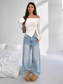 Flirla Casual Off-Shoulder Side Slit Sweater