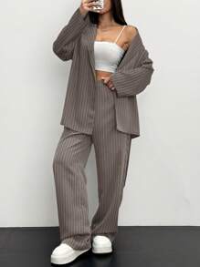 Siren Gaze 2pcs Women Striped Wrap Casual Kimono Suit Set, Grey, Office Lady Fashion Business Attire In Fall/Winter Brown - Khaki - View 3