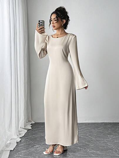 Siren Gaze Solid Color Satin Waist Long Dress, Fashionable And Simple Round Neck, Satin Bell Sleeves, Lace-Up And Slim-Fitting Evening Dress, Sexy Dress, Women's Long Dress, Apricot Elegant Holiday Dress, Thanksgiving Dress, Holiday Party Women's Dress, New Year Eve Dress Casual White Spring