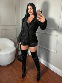 SHEIN SXY Women's Solid Color Single Button Elegant Long Sleeve Blazer In Fall/Winter - Black - View 5
