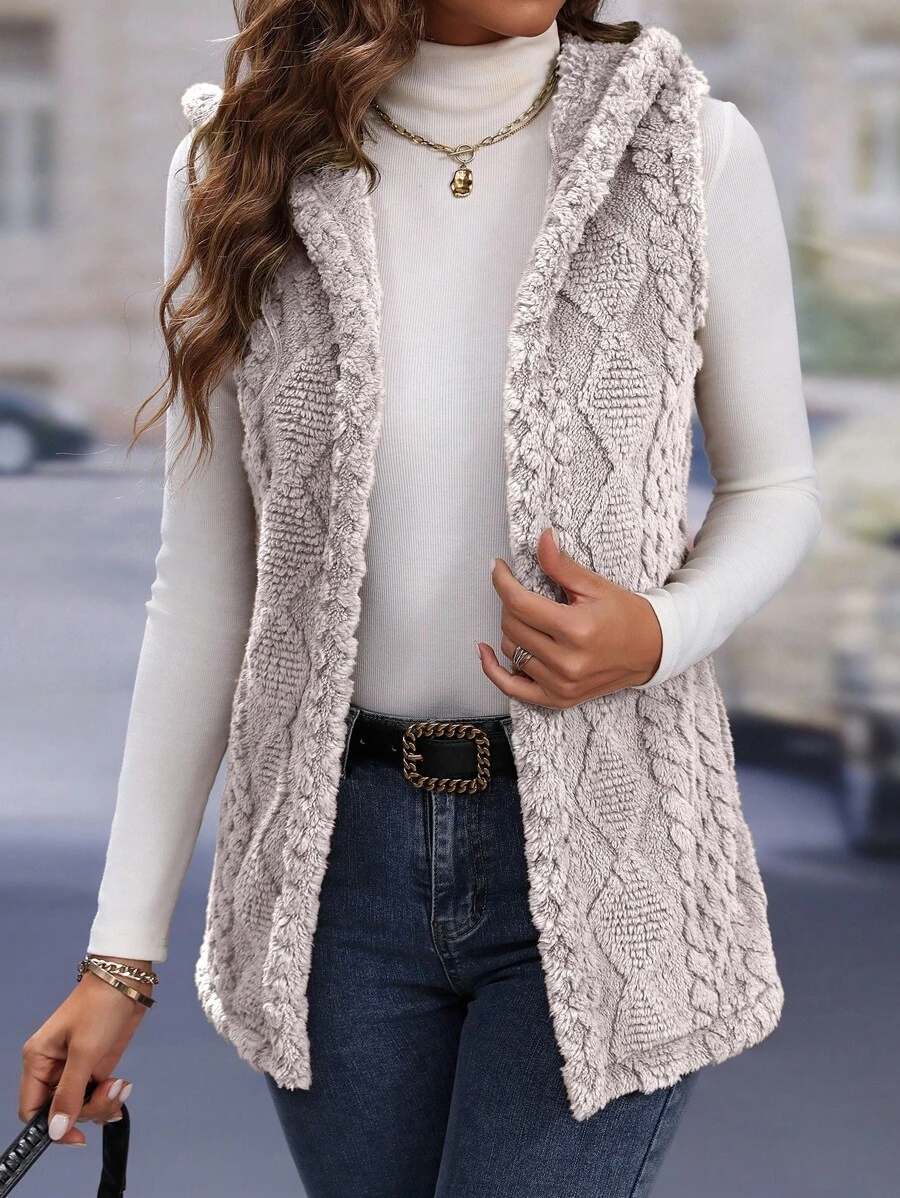 Chiquease Reversible Quilted Textured Fleece Hooded Vest - Khaki - View 1