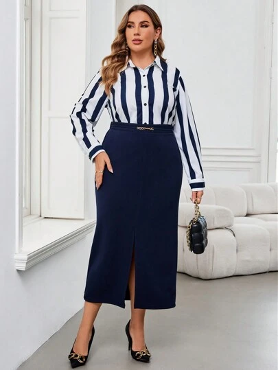 SHEIN Clasi Camisa informal de talla grande con bloques de color y rayas, otoño