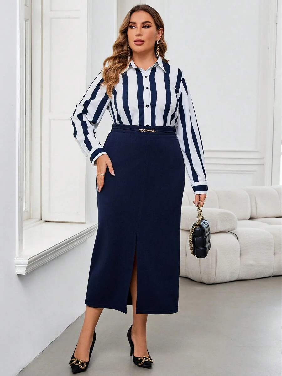 SHEIN Clasi Plus Size Casual Color Blocking Striped Shirt, Autumn - Black and White - View 1
