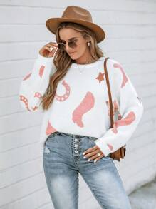 Wildy Christmas Sweater ,Women's Casual Western Boot Pattern Sweater,Long Sleeve Tops In Fall/Winter - White - View 1