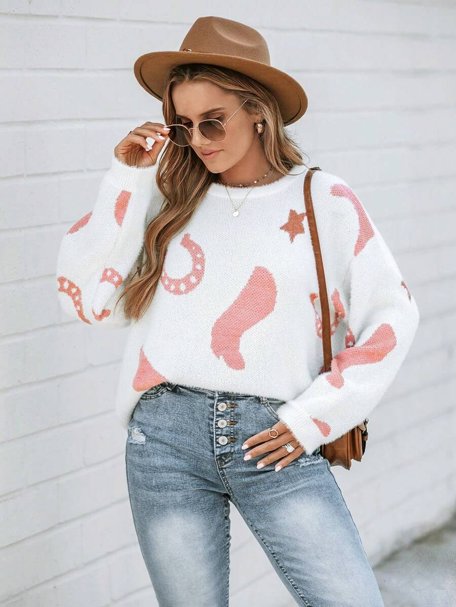 Wildy Christmas Sweater ,Women's Casual Western Boot Pattern Sweater,Long Sleeve Tops In Fall/Winter - White - View 1