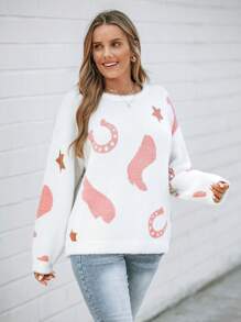 Wildy Christmas Sweater ,Women's Casual Western Boot Pattern Sweater,Long Sleeve Tops In Fall/Winter - White - View 5