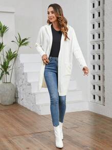 SHEIN LUNE 1 件休闲纯色长袖连帽开衫，秋冬 - 白色 - 查看 5