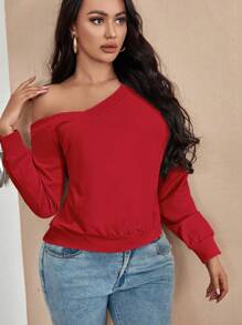 SHEIN SXY 简约纯色不对称领口运动衫，秋季休闲装 - 紅色 - 查看 1