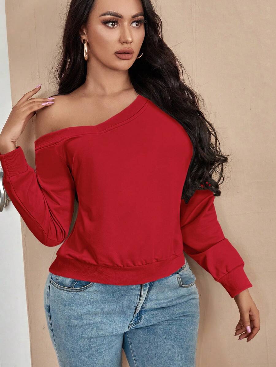 SHEIN SXY 简约纯色不对称领口运动衫，秋季休闲装 - 紅色 - 查看 1