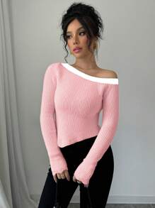 SHEIN Unity New Style Oblique Shoulder Contrast Fitted Pullover Sweater Knit Pullover Fall Winter - Pink - View 3
