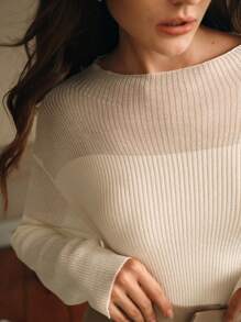 Anewsta 女士落肩圆领长袖修身套头衫，秋冬款 - 杏色 - 查看 5