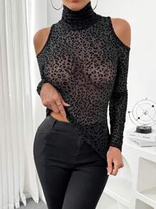 SHEIN Essnce 1 pièce T-shirt femme à épaules dénudées en tissu tricoté maillé et floqué de couleur unie