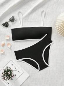 SHEIN 2pcs Teen Girl Set: Minimalist Comfy Contrast Color Strap Sports Bra With Removable Pads And Matching Triangle Panty