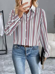 SHEIN Clasi Women's Front Button Long Sleeve Striped Collared Blouse, Minimalist Casual Top For Daily Wear Women Shirt